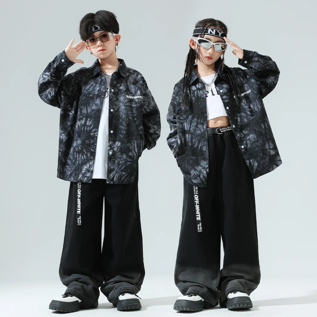 儿童街舞服男女童扎染衬衫牛仔裤嘻哈hiphop架子鼓爵士舞表演出服