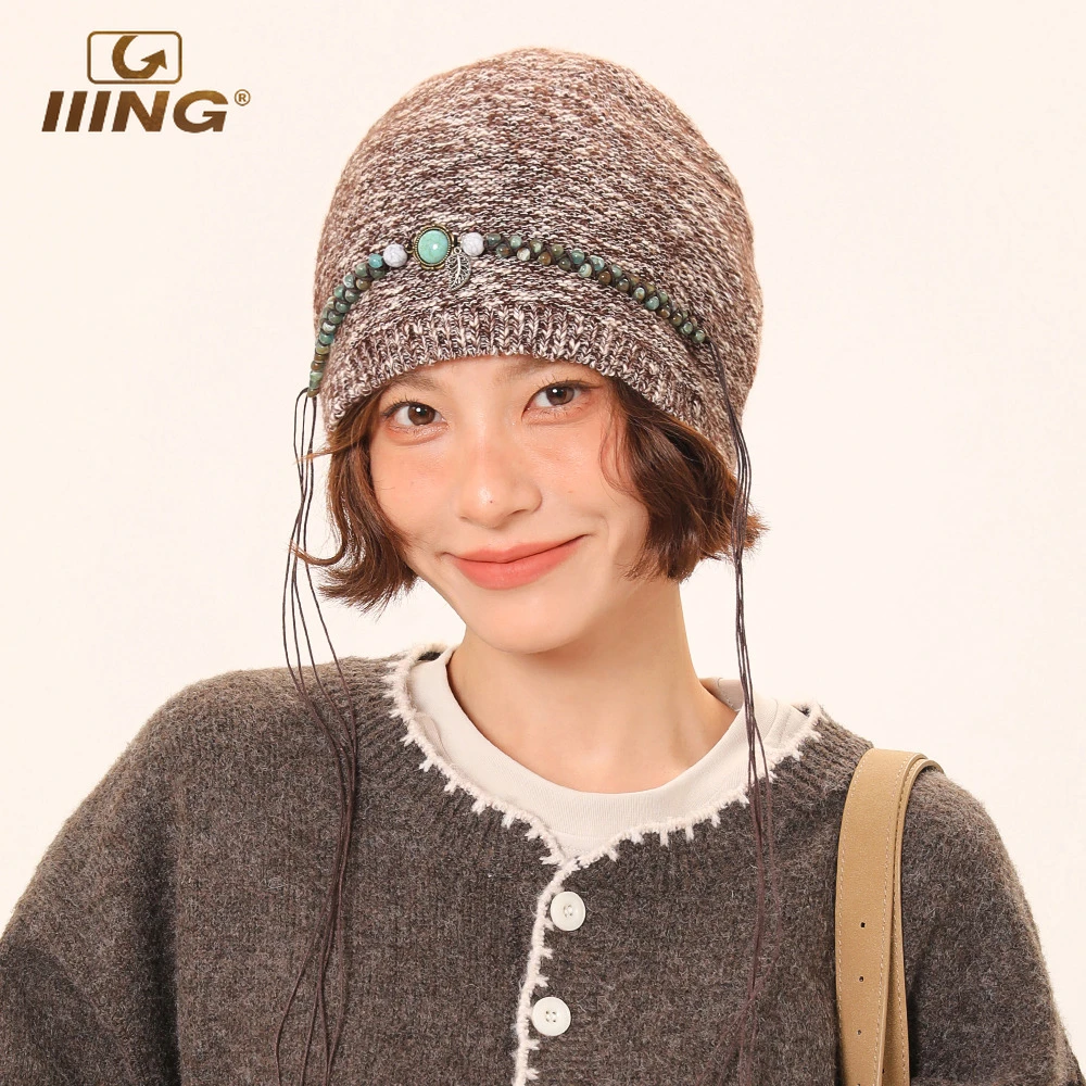 IIING帽控 波西米亚风串珠流苏堆堆帽女氛围感百搭显脸小包头冷帽