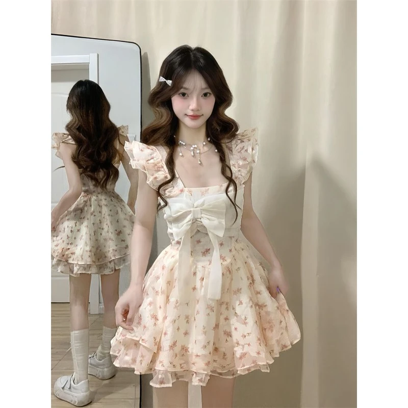 小清新碎花纱裙甜美减龄小个子蓬蓬公主裙收腰显瘦A字裙小飞袖