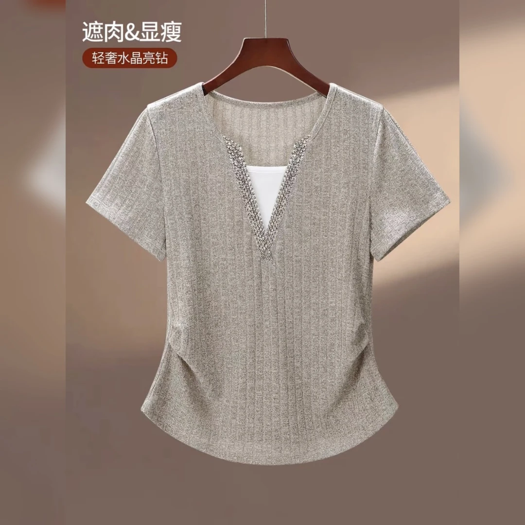 【大姐】运补 445V领烫钻短袖夏季女士修身抽绳T恤大码亮钻气质t恤
