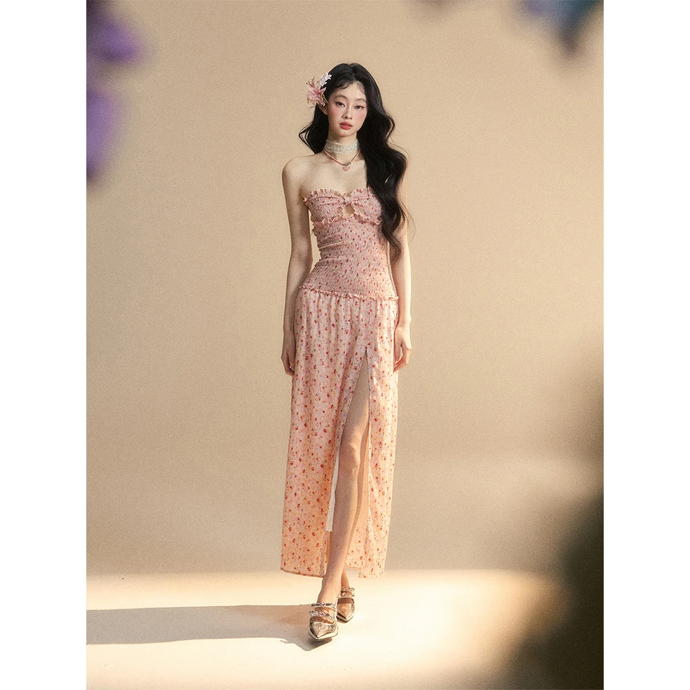 少也眼瑰丽魅影 海边度假风碎花吊带连衣裙女夏季一字肩法式长裙