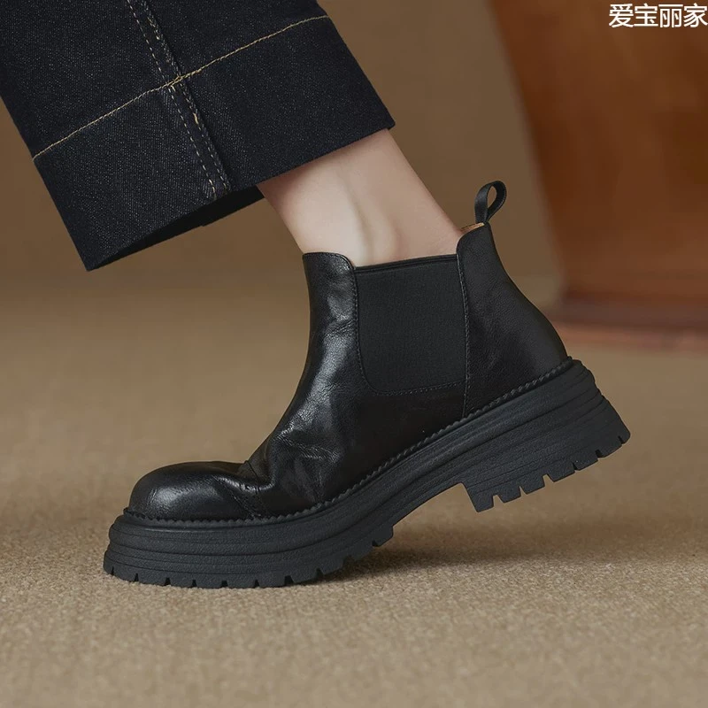 4.5cm~秋冬新款真皮短靴女厚底英伦风切尔西靴短筒小靴子