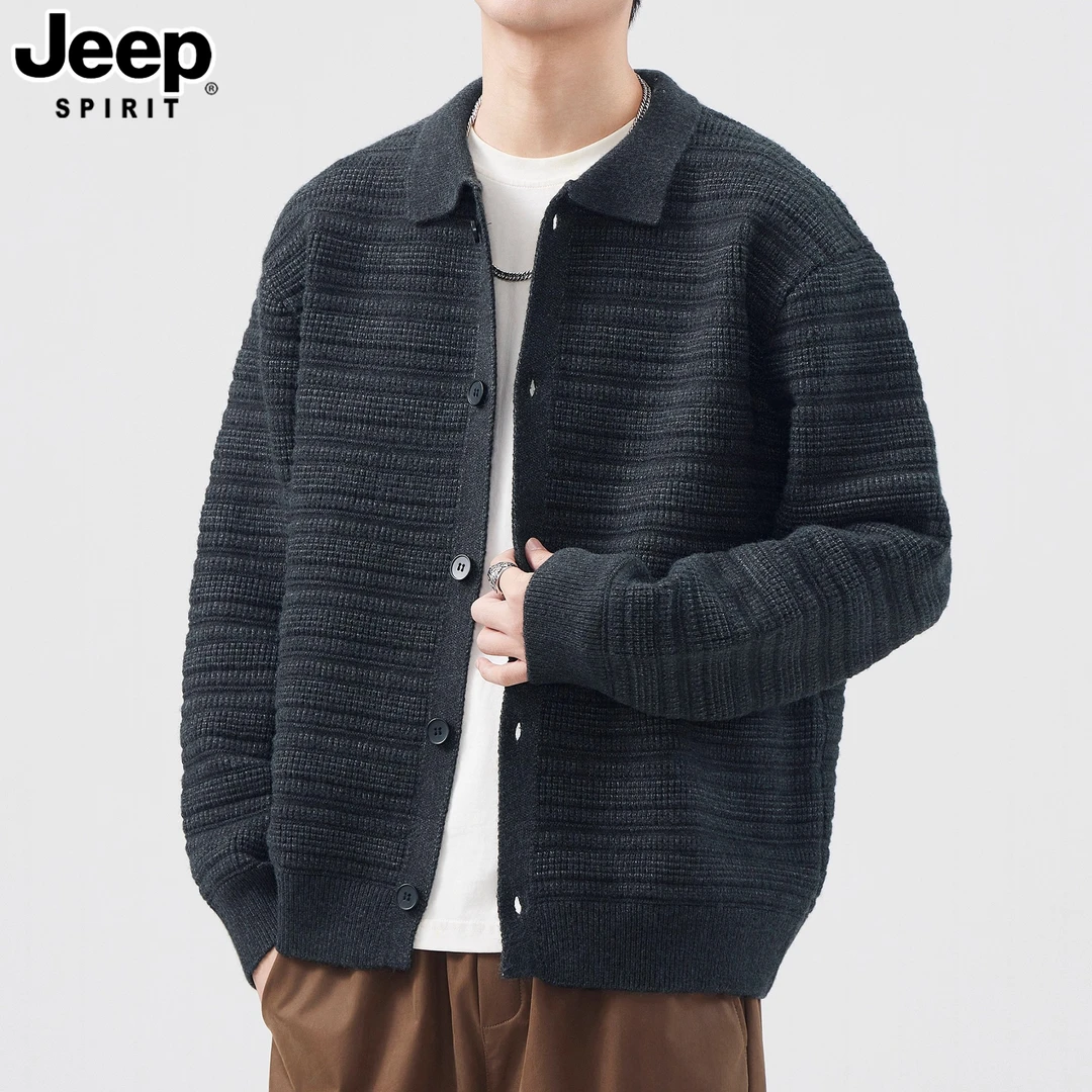 吉普新款秋冬季翻领开衫毛衣男慵懒风潮牌宽松百搭休闲针织衫外套