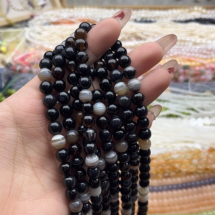 玛瑙/玉髓珠宝半成品未镶嵌一条8mm左右黑蚕丝玛瑙