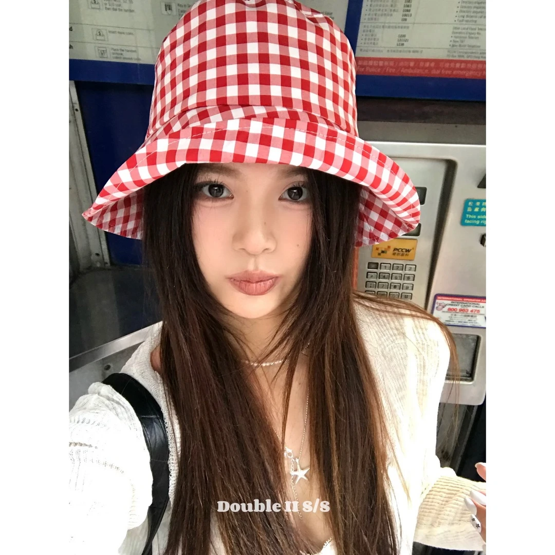 double i i 韩系甜美春夏款彩色格纹渔夫帽女防晒遮阳显脸小盆帽