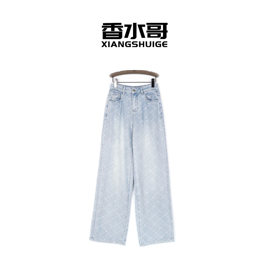 夏季新品2025女装时尚潮流水洗休闲裤满钻薄款直筒牛仔裤