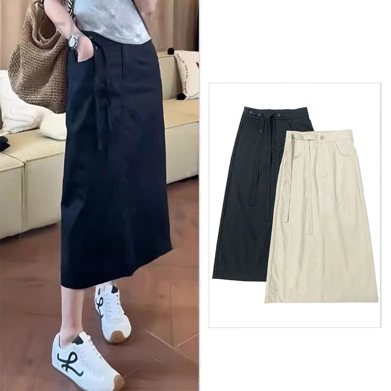 沃林春天1-2【正品】夏季通勤高腰后开叉系带直筒半身裙中长款