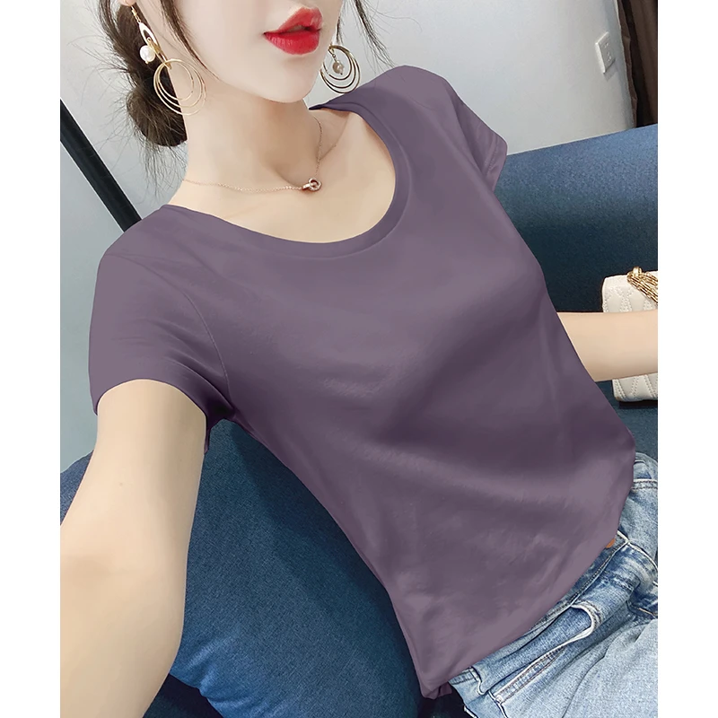 暗紫色短袖t恤女圆领修身春夏季2025新款纯棉百搭显瘦正肩上衣
