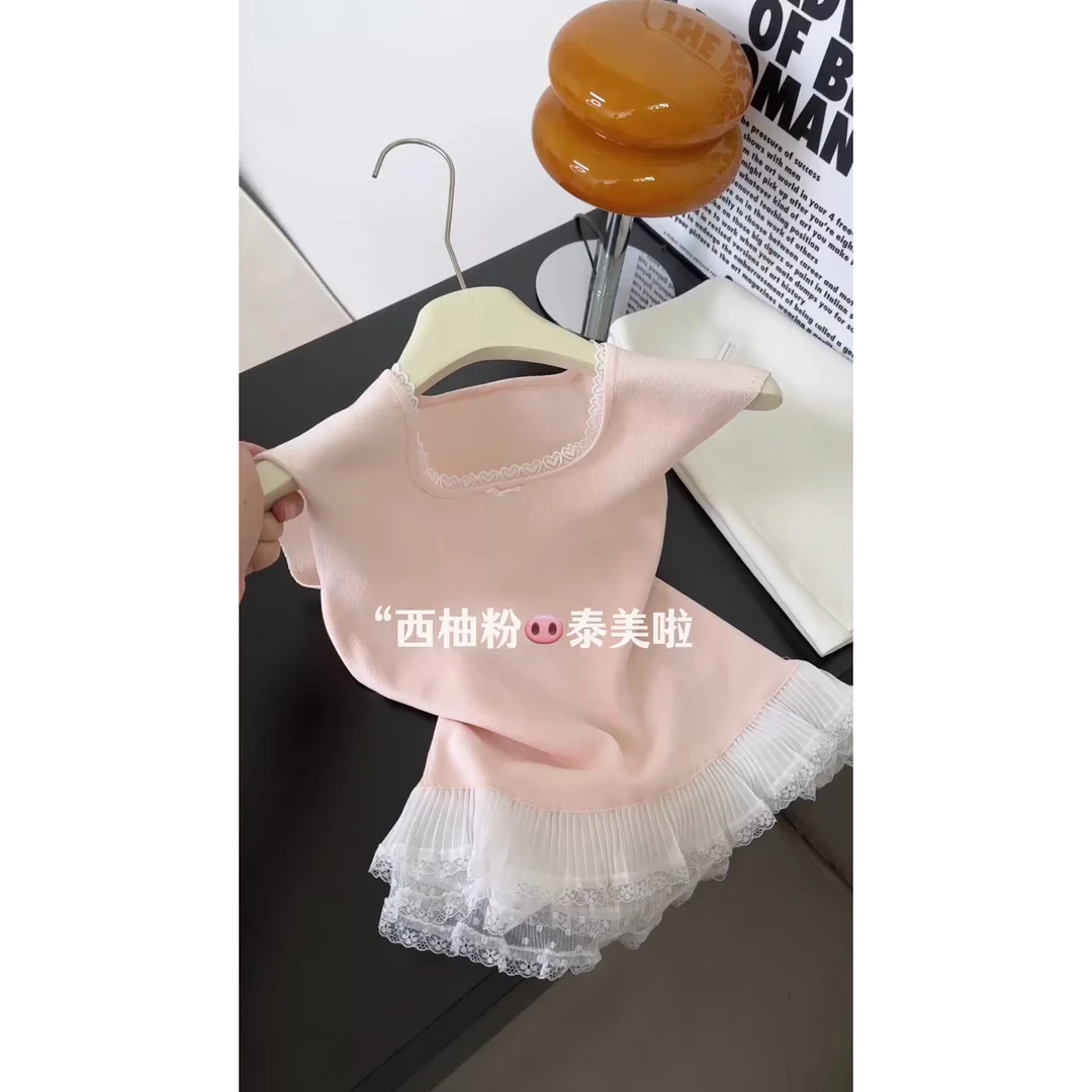 粉色甜美下摆蕾丝花边短袖t恤女2025夏季韩版针织衫法式小上衣