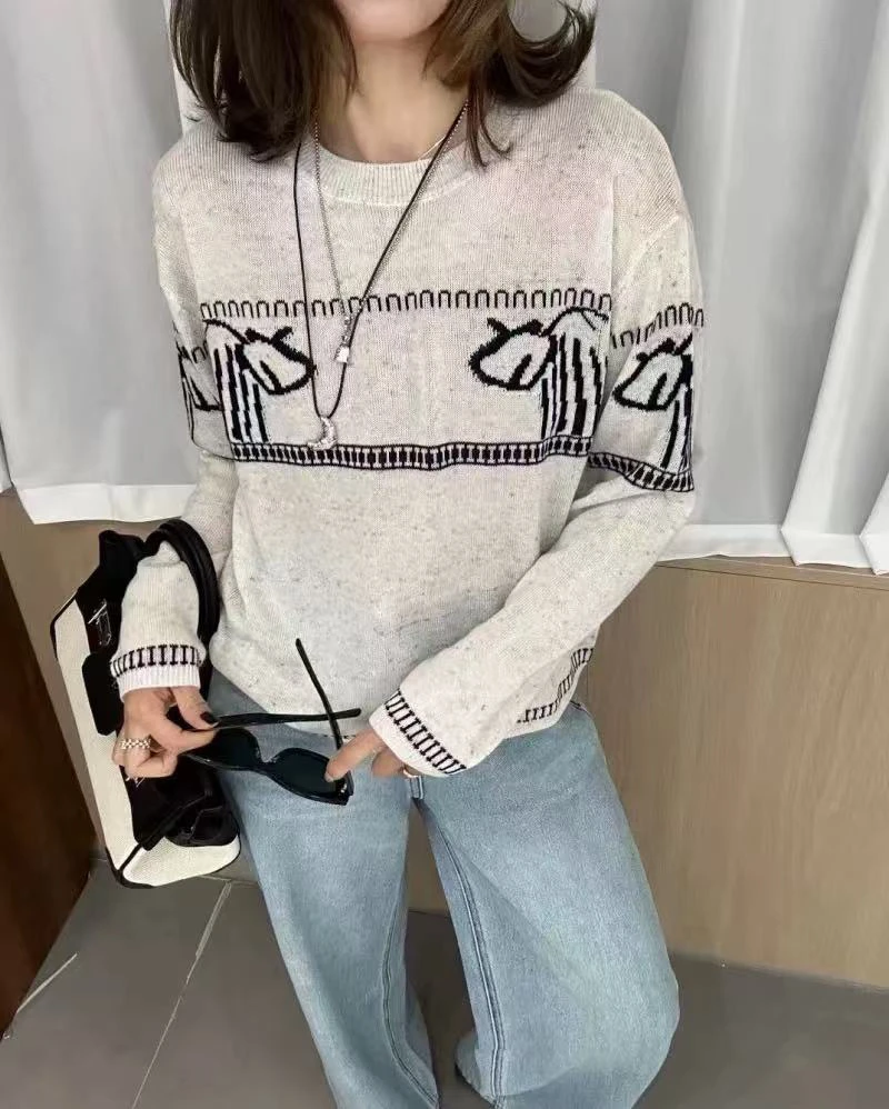 现货韩货新洋气百搭显瘦圆领小羊提花针织衫毛衣女9331