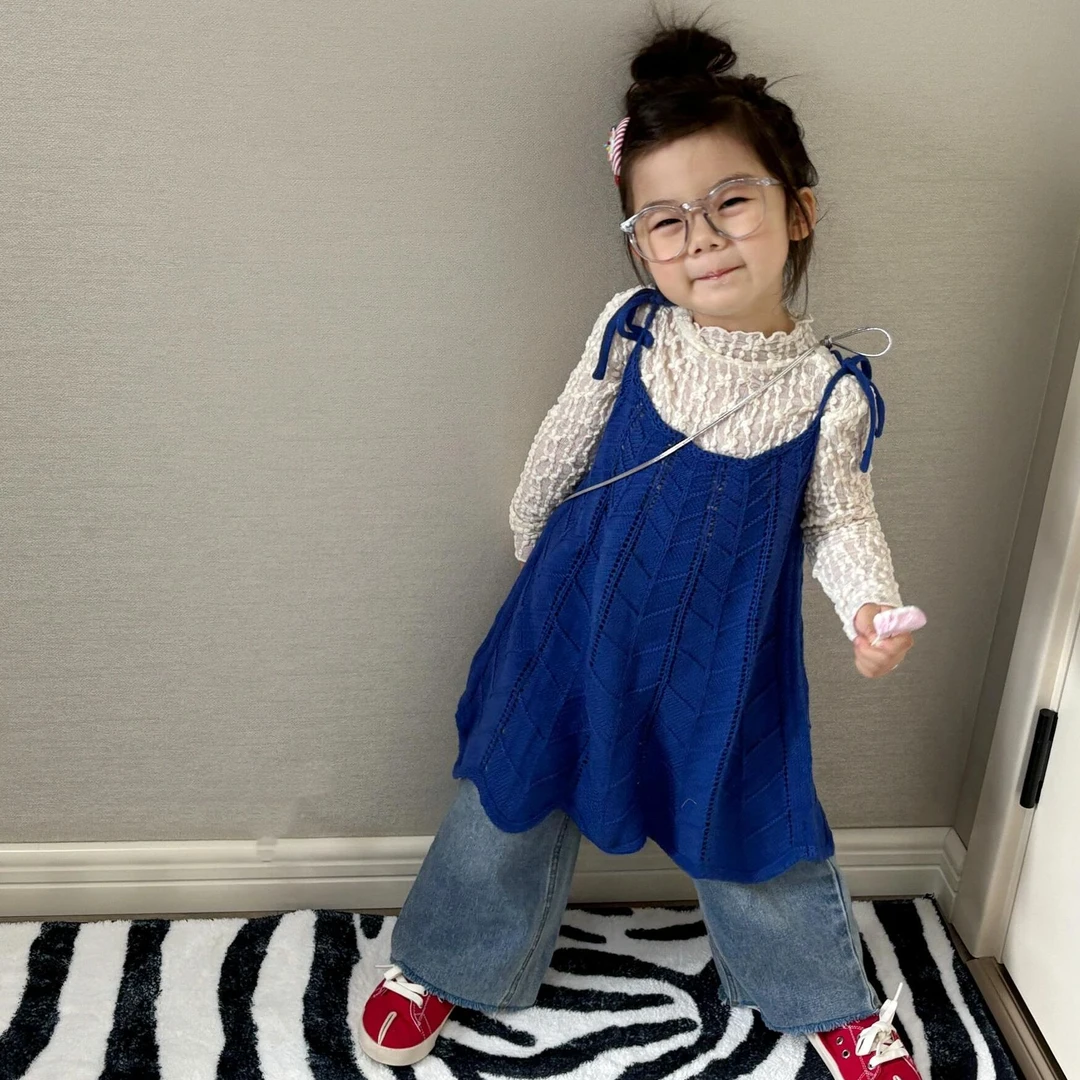 小惜亦2025女童春季新款韩版蕾丝打底衫蓝色背心裙牛仔裤套装女