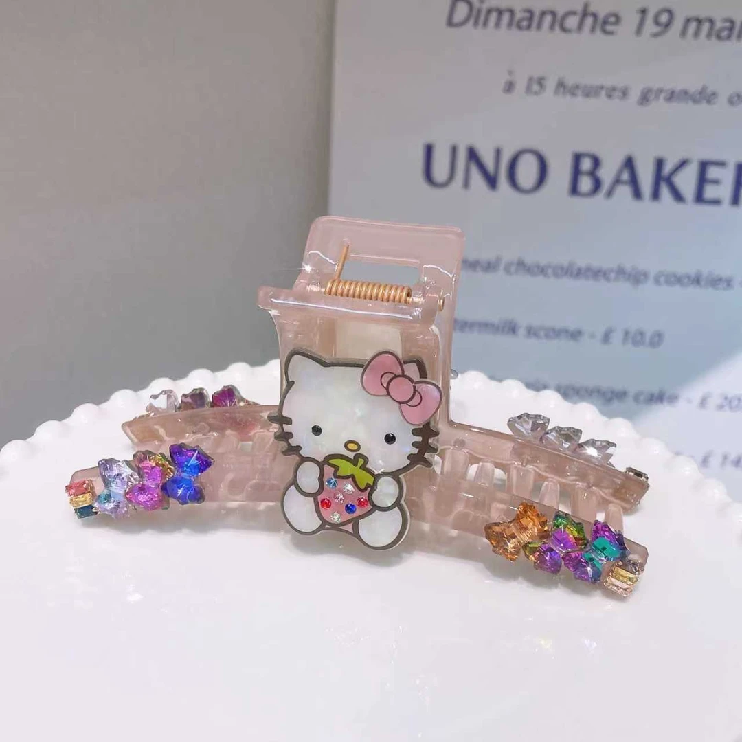 B-0160（满10米飞）韩国蝴蝶结彩钻草莓粉猫抓夹后脑勺全抓 发圈