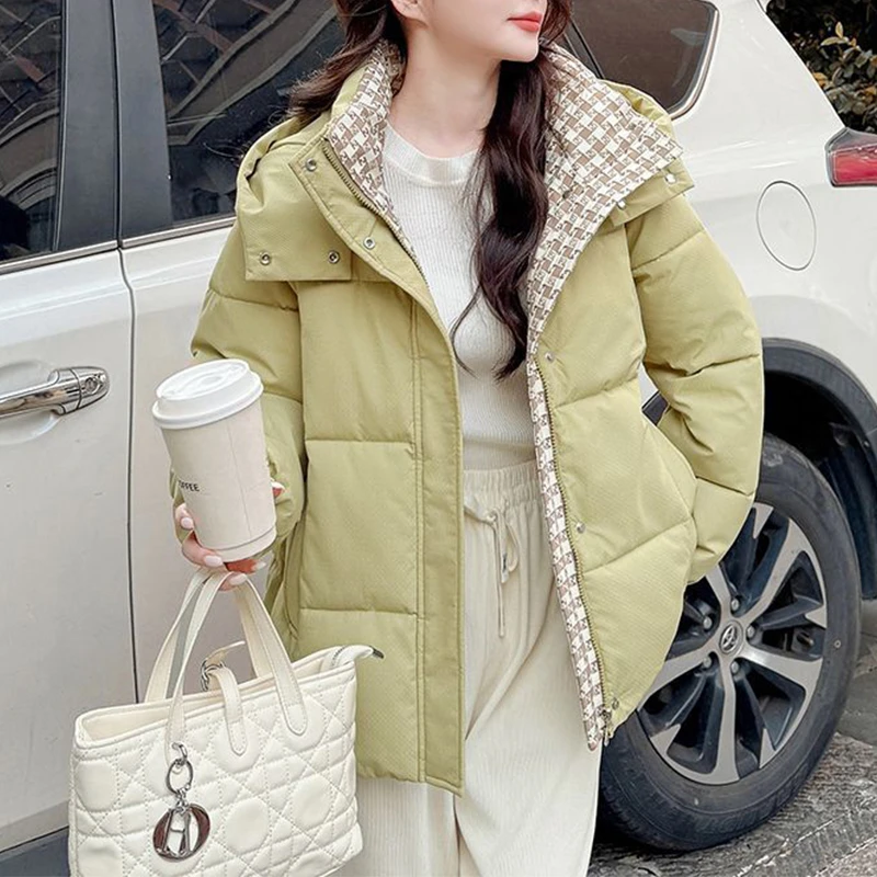 霖优【云涧风栖】加厚格子拼接棉服女冬短款2025新款连帽面包服外套