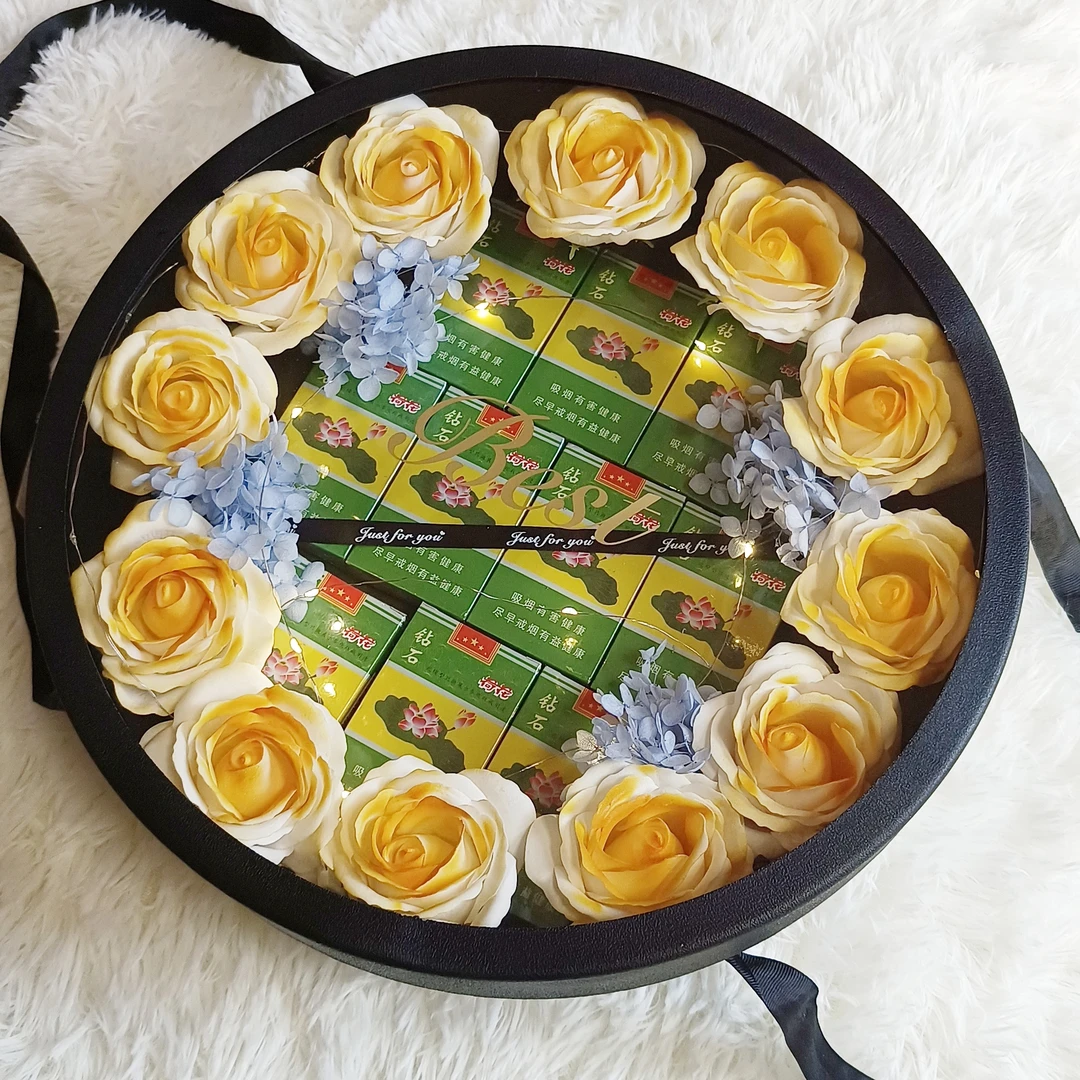 情人节高端手提袋圆形礼盒香皂玫瑰花装烟送男友老公生日礼物盒