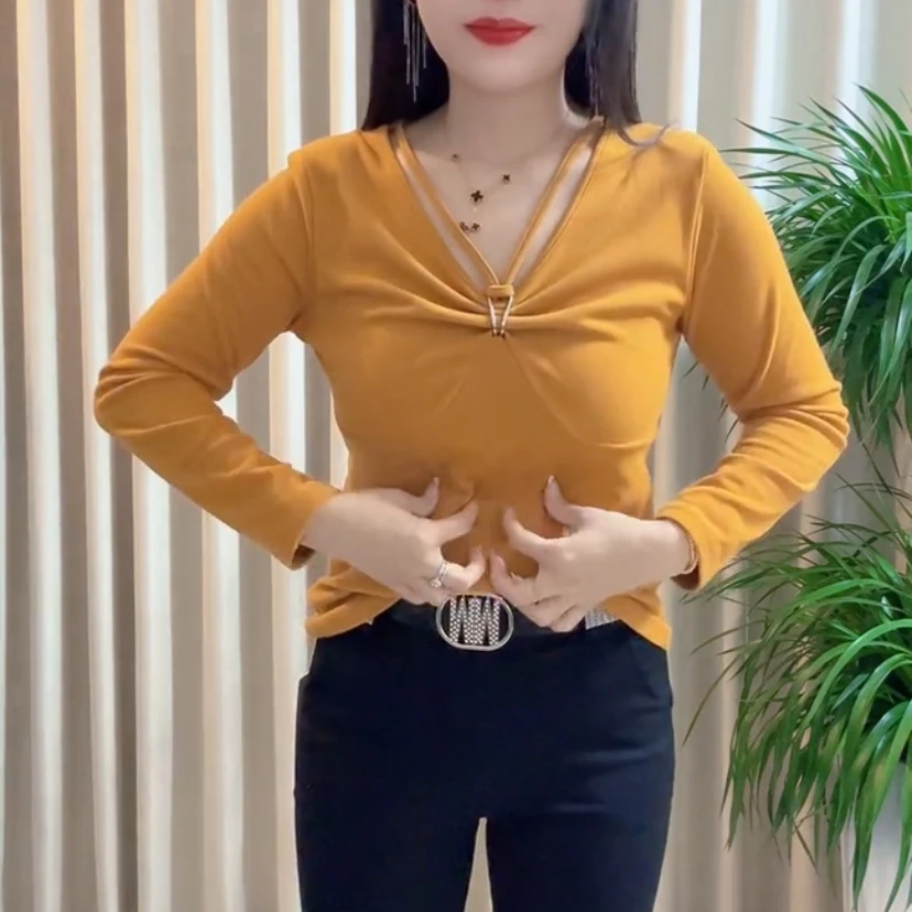 长袖V领褶皱时尚纯欲风百搭春季T恤法式女拼接上衣