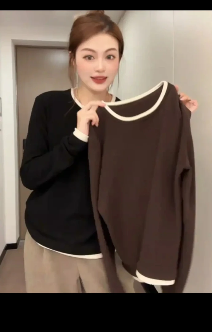 【加绒加厚】双面绒气质百搭秋冬圆领撞色拼接显瘦假两件T恤女