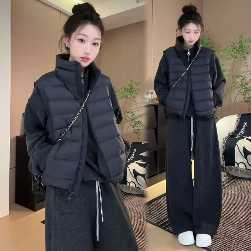 时尚加绒加厚休闲套装女2025冬季新款洋气棉马甲卫衣阔腿裤三件套