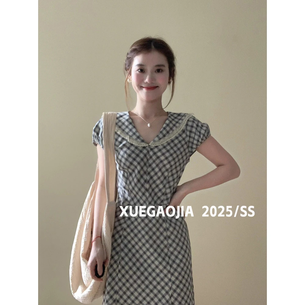 DAHUAN大荒家 复古格纹海军领茶歇法式连衣裙女夏设计感小众