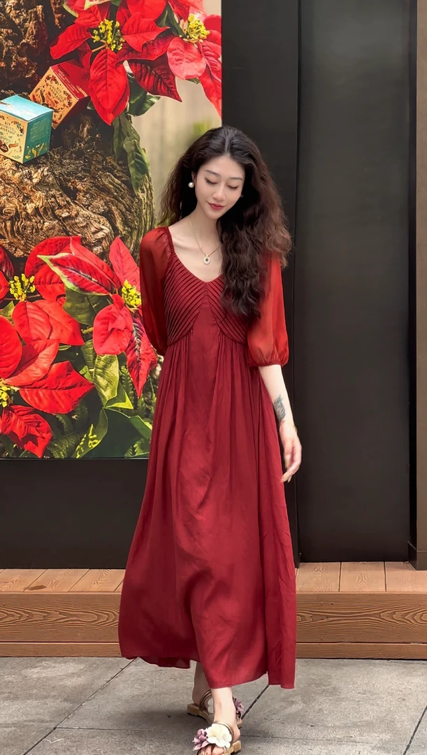 斤斤【落日朝霞】气质法式连衣裙宽松V领红色温柔长裙短袖夏季