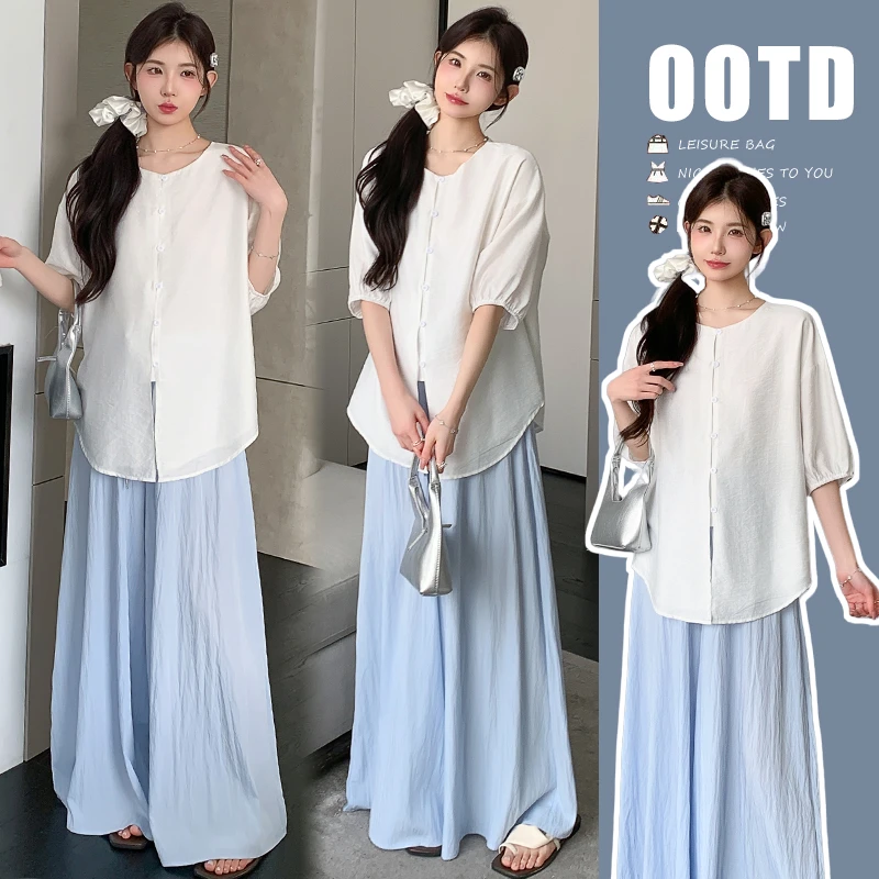 【梵兮家】孕妇装夏季洋气时尚衬衫半袖上衣+阔腿裤气质减龄两件套