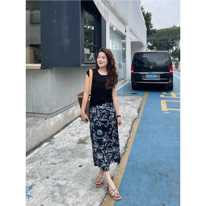 WenWen小个子印花高腰半身裙夏季2025韩版新款洋气显瘦A字裙3858