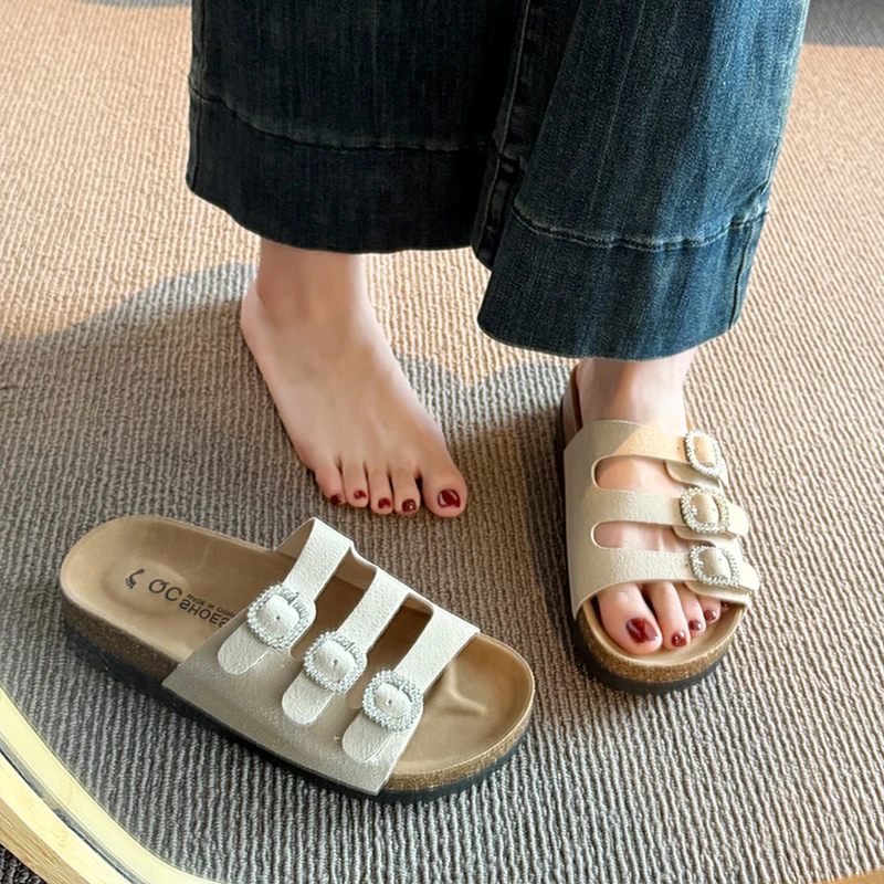 厚底勃肯鞋女2025新款夏季复古一脚蹬懒人外穿包头水钻博肯一字拖