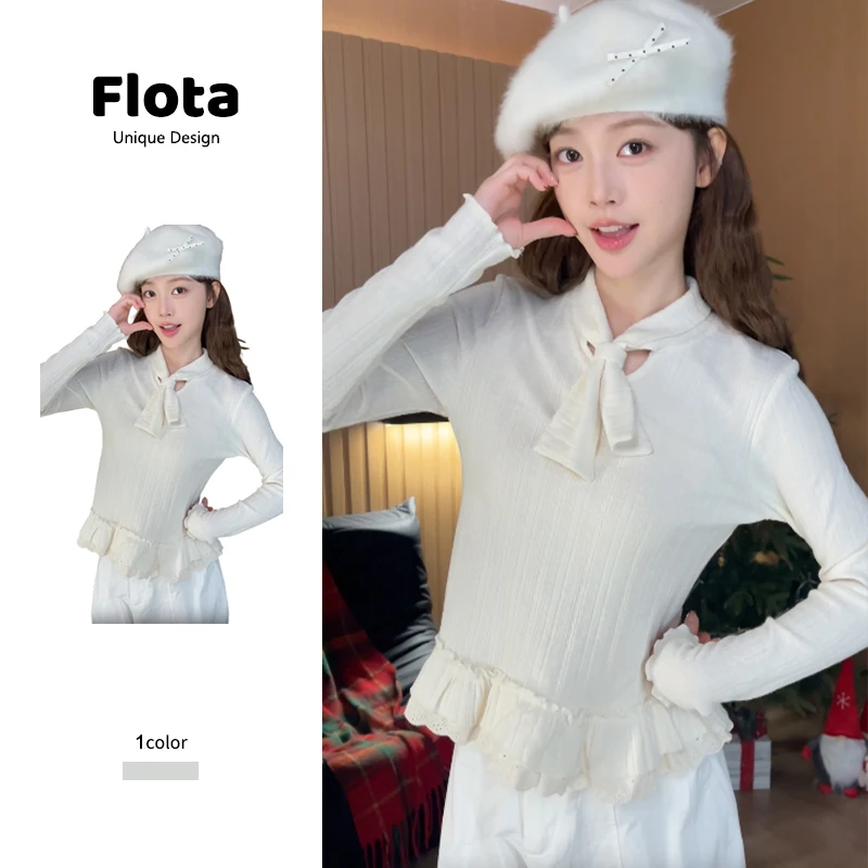 法式芭蕾风蝴蝶结打底衫女秋冬叠穿新款白色长袖蕾丝边上衣3118