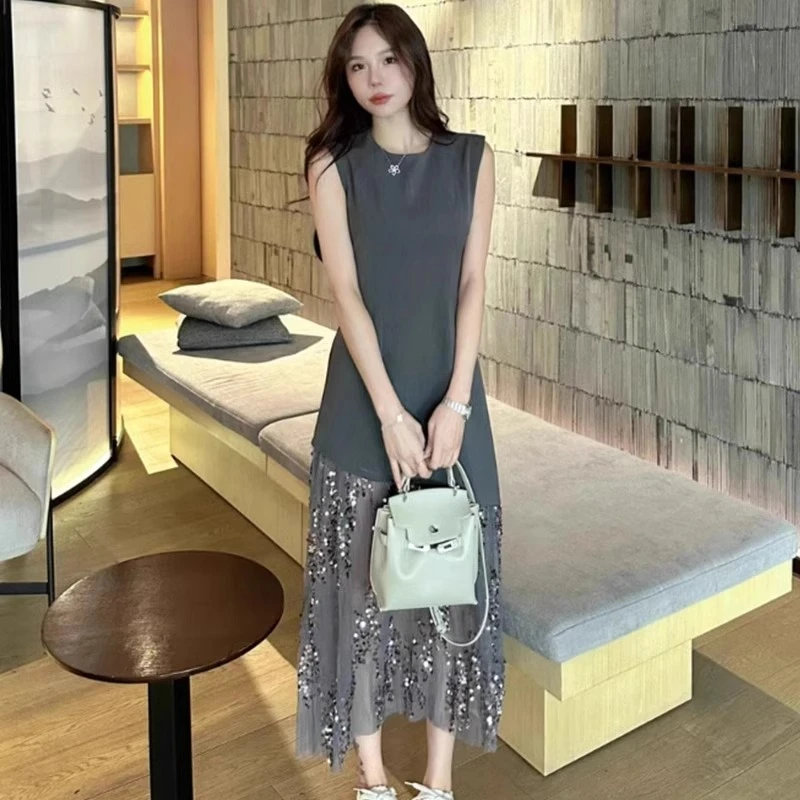 韩系女人味网纱拼接亮片无袖背心连衣裙2025夏季新款修身显瘦长裙