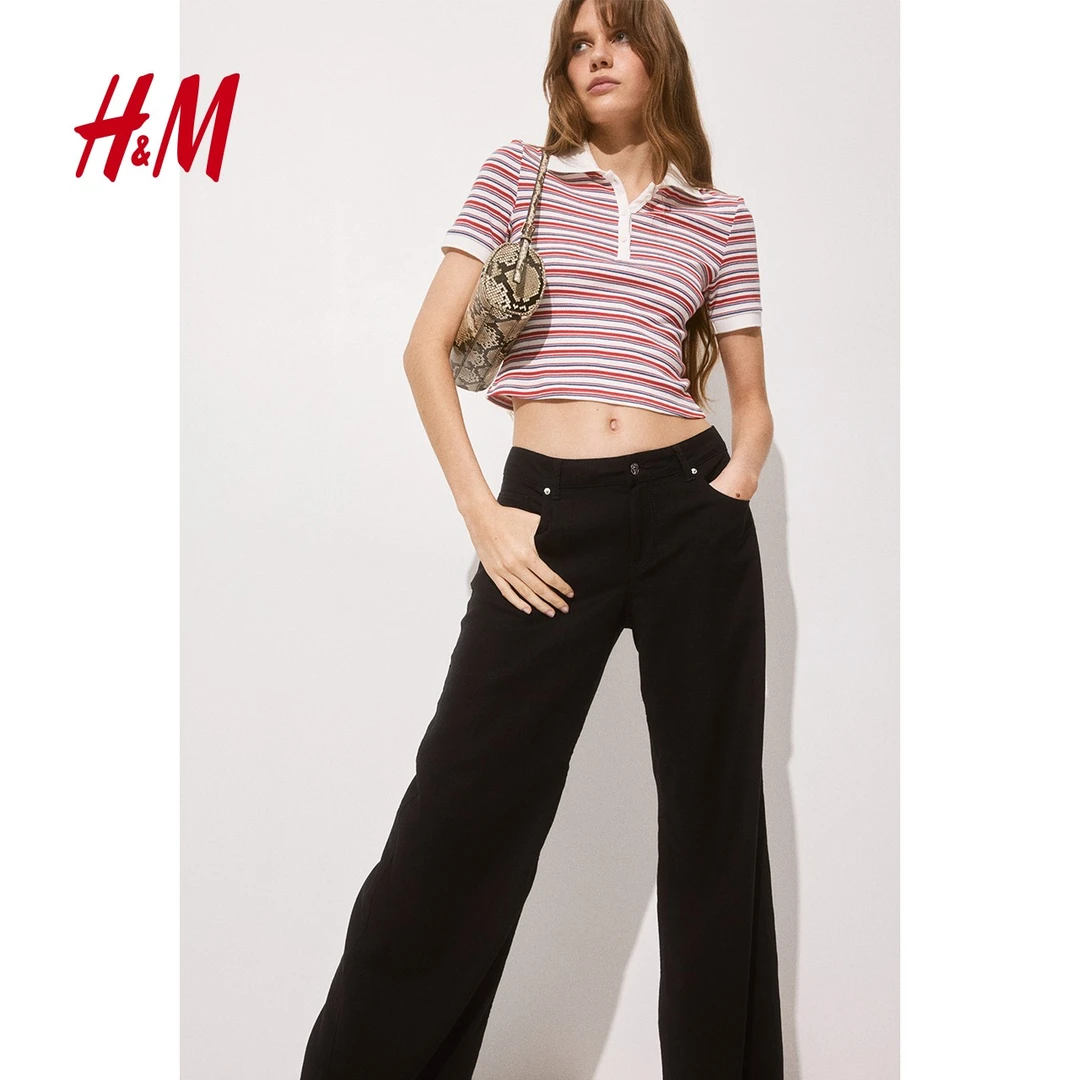 HM女装2025年春新品5袋式时尚休闲百搭亚麻混纺气质阔腿裤1262014