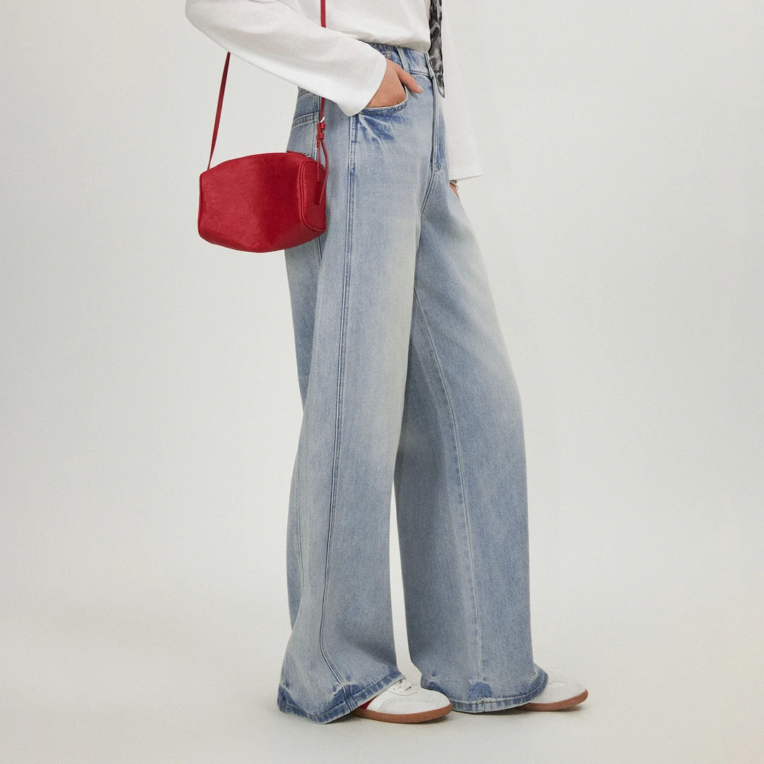 小虫"港风裤"复古蓝撞色裤脚阔腿显瘦洗水牛仔裤T25XNZ005