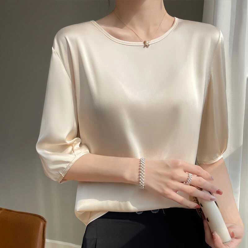 【运费补贴】100%桑蚕丝五分袖圆领T恤女装夏装新款打底衫A22