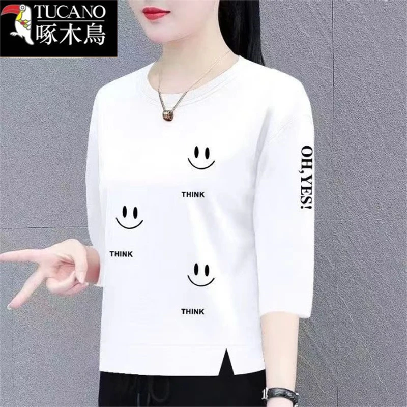 啄木鸟2025年新款时尚印花女夏季薄款纯棉T恤短款圆领七分袖上衣