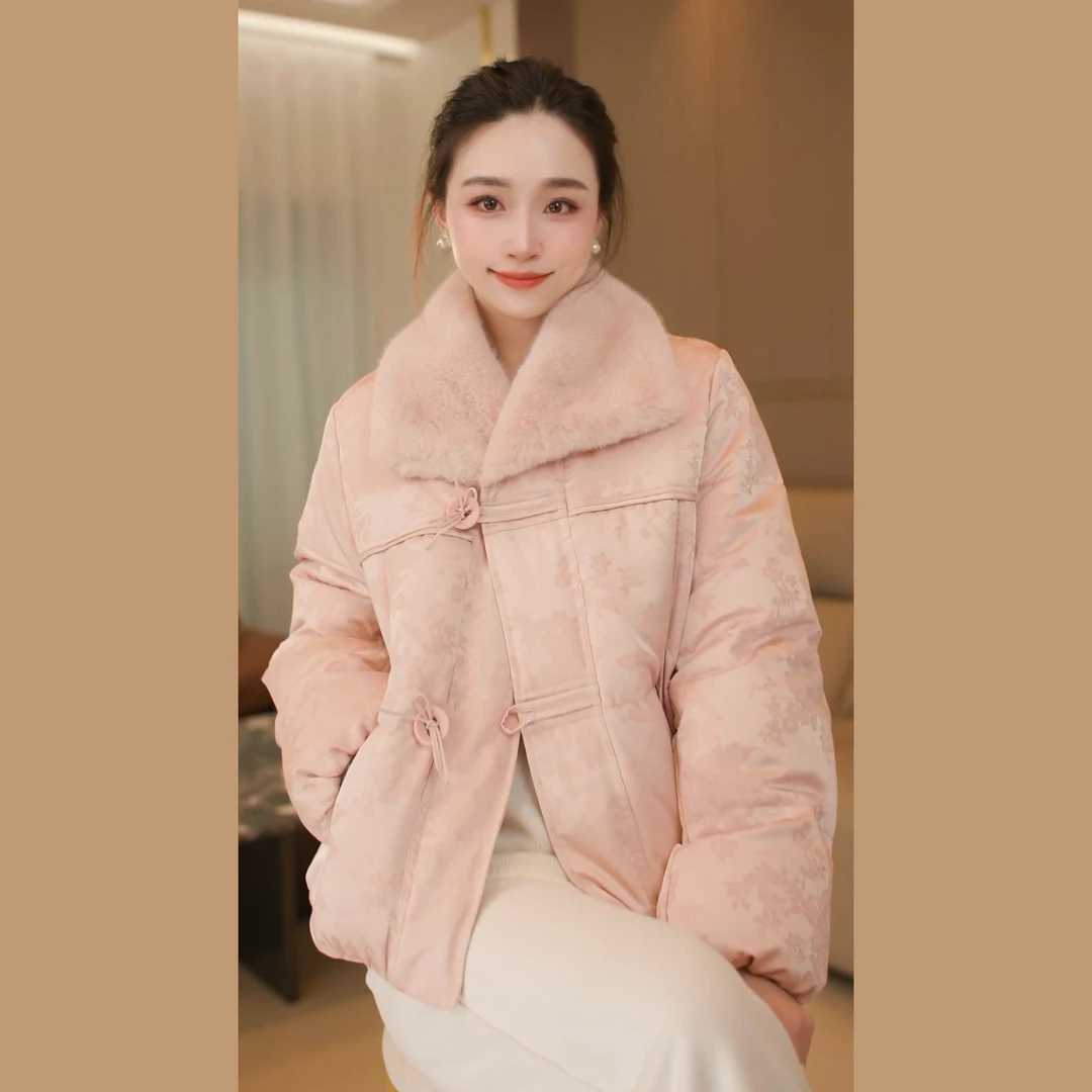 90白鸭绒羽绒服国风提花翻领短款女高级感冬季气质显瘦外套<冬约>