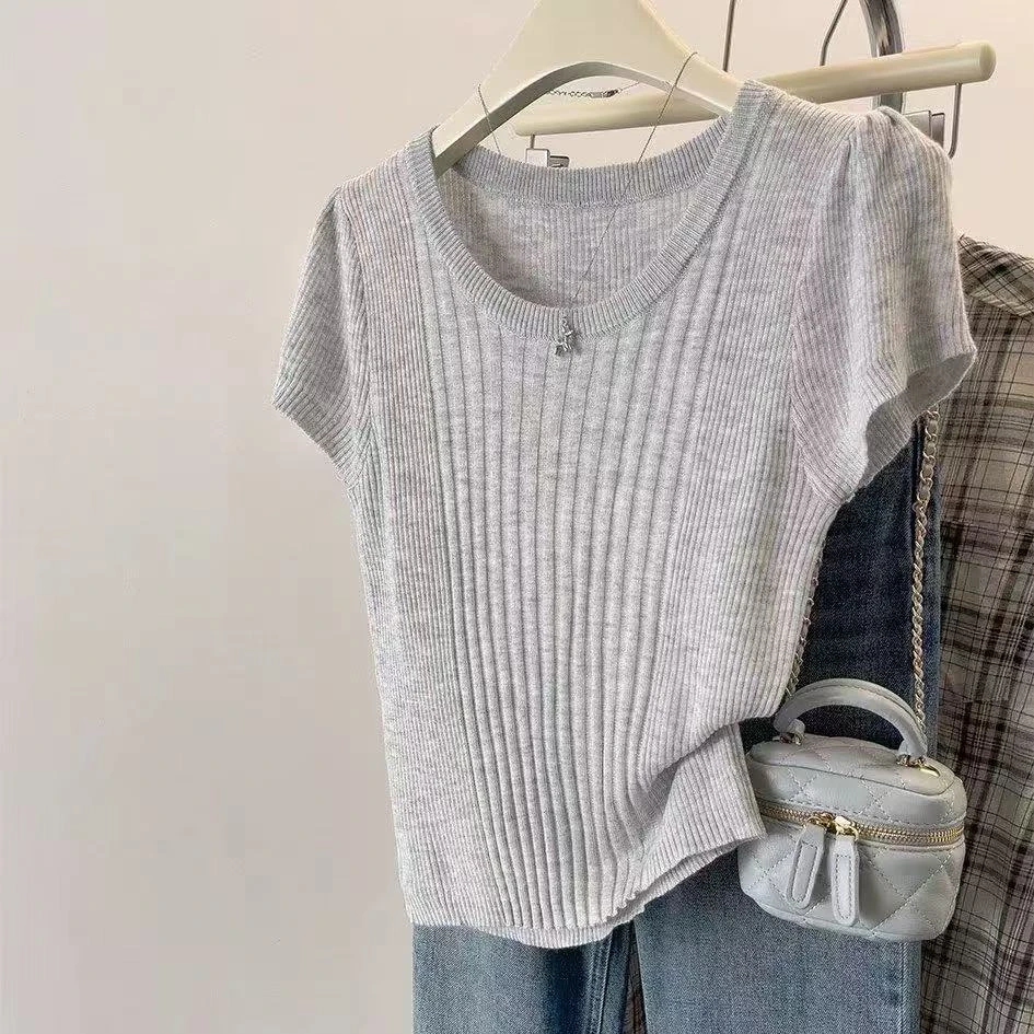夏天薄款冰丝针织短袖t恤女2025新款高级感修身显瘦气质正肩上衣