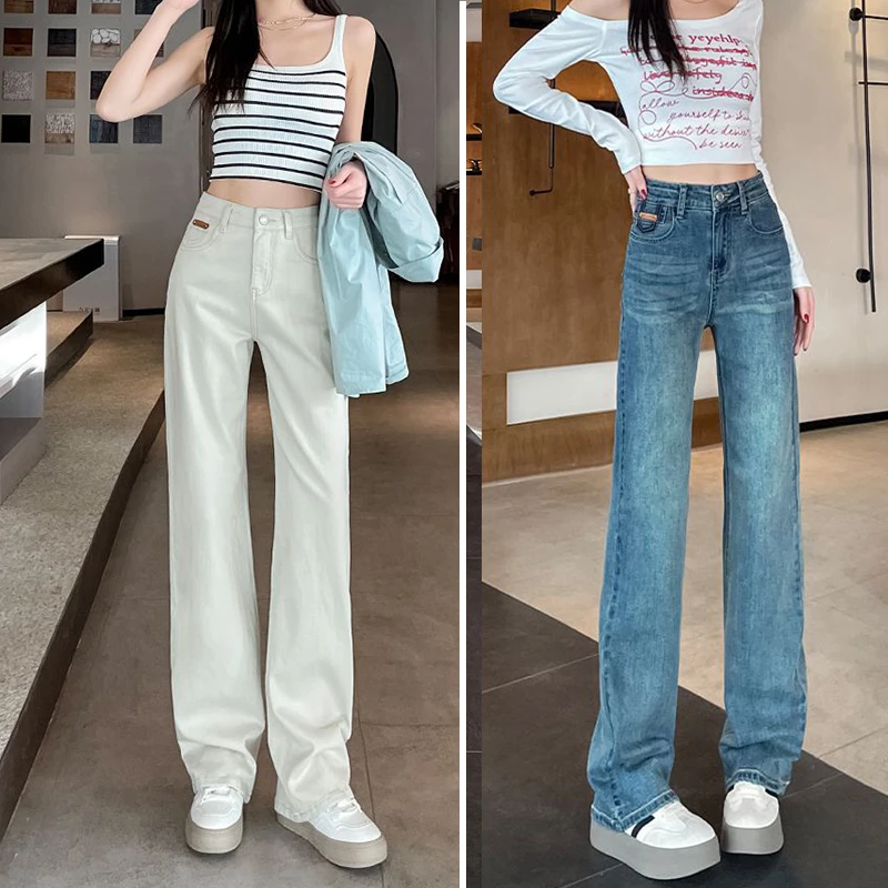 春款小个子窄版直筒牛仔裤女高腰弹力显瘦直筒裤小皮牌款