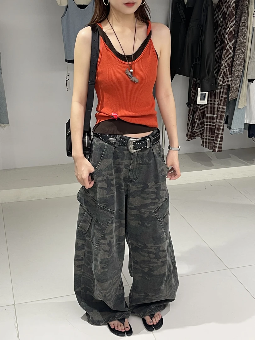 【街头酷girl】韩女酷飒复古直筒宽松迷彩弯刀裤 ALTER532