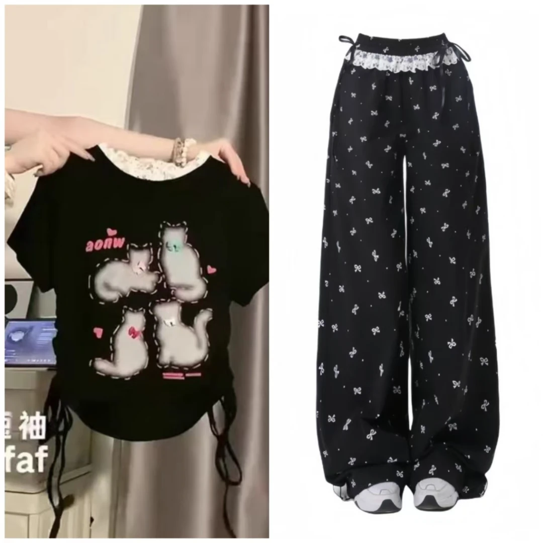 叮叮家【夏日多巴胺】涂鸦小猫甜辣T恤+甜酷蕾丝拼接高腰阔腿休闲裤