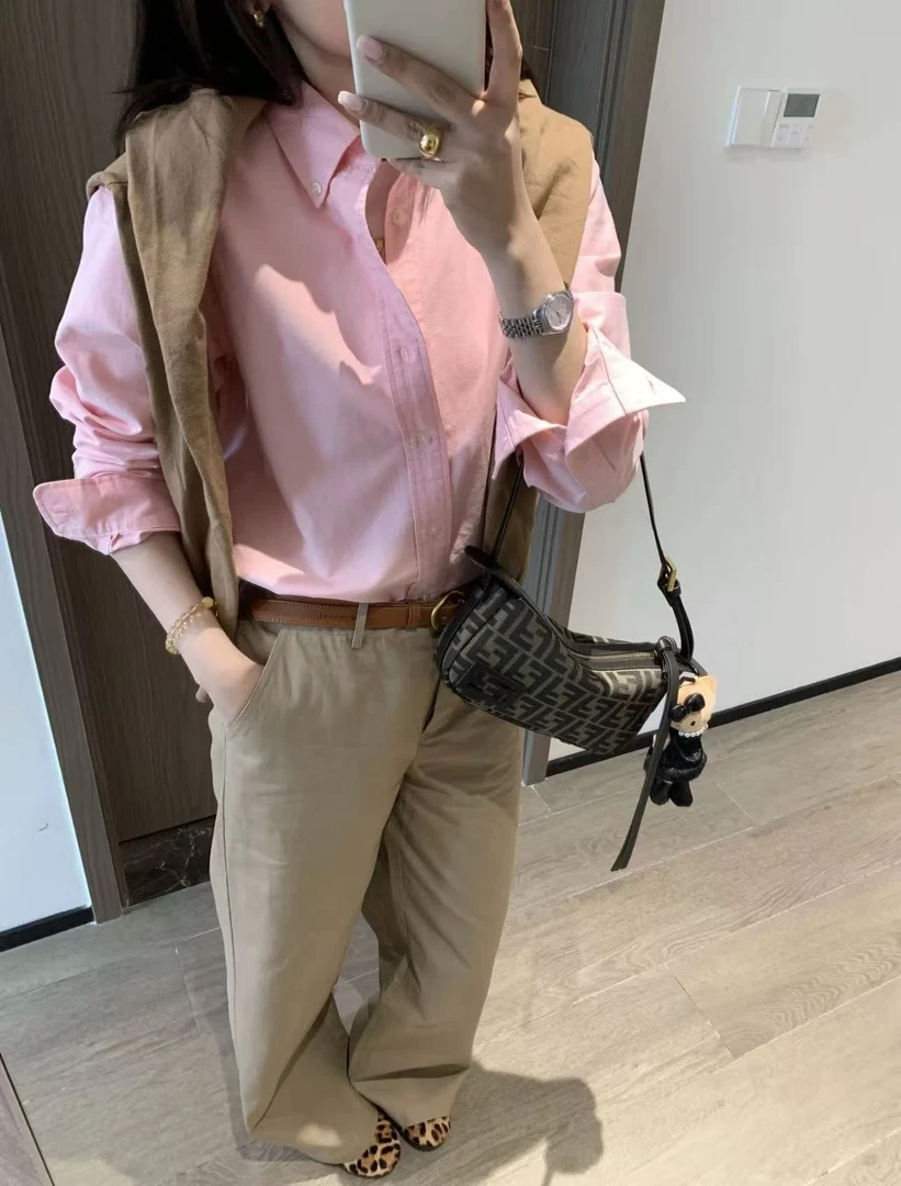 【CC】牛津布净色衬衫经典彩色刺绣纯棉衬衫设计感时尚百搭衬衣女