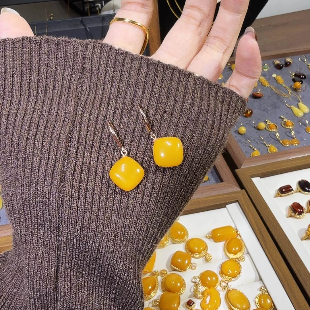 蜜蜡银S925镀金镶嵌耳饰蜜蜡耳饰