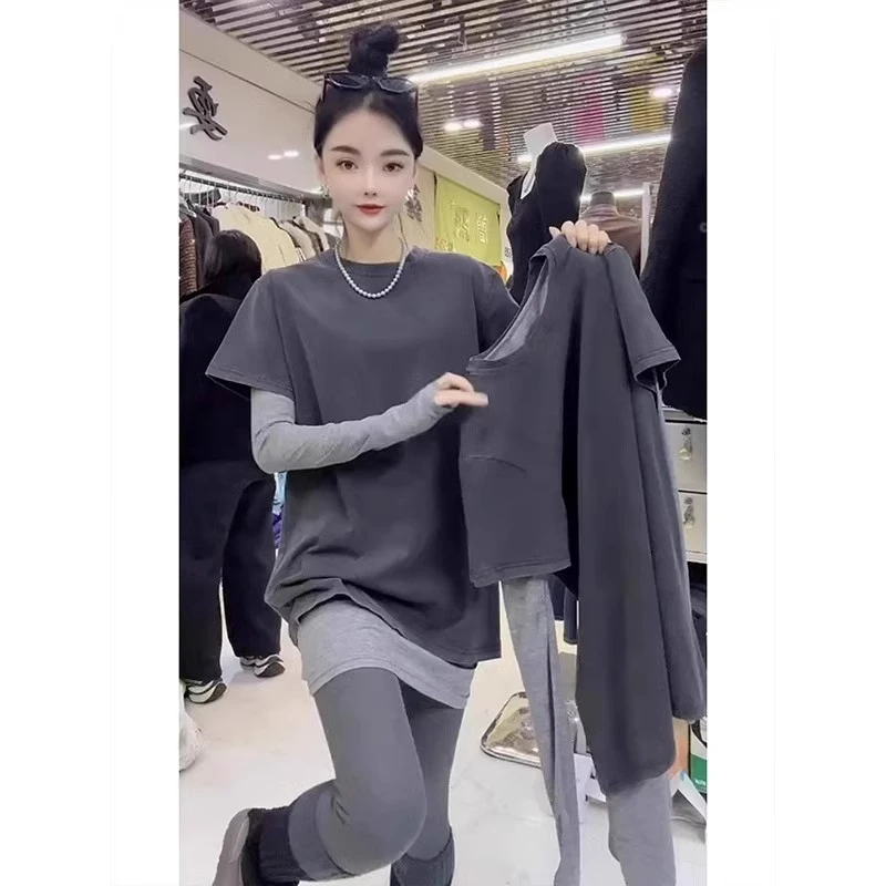 深灰色假两件长袖打底衫女早春新款韩系遮屁股中长款修身t恤上衣