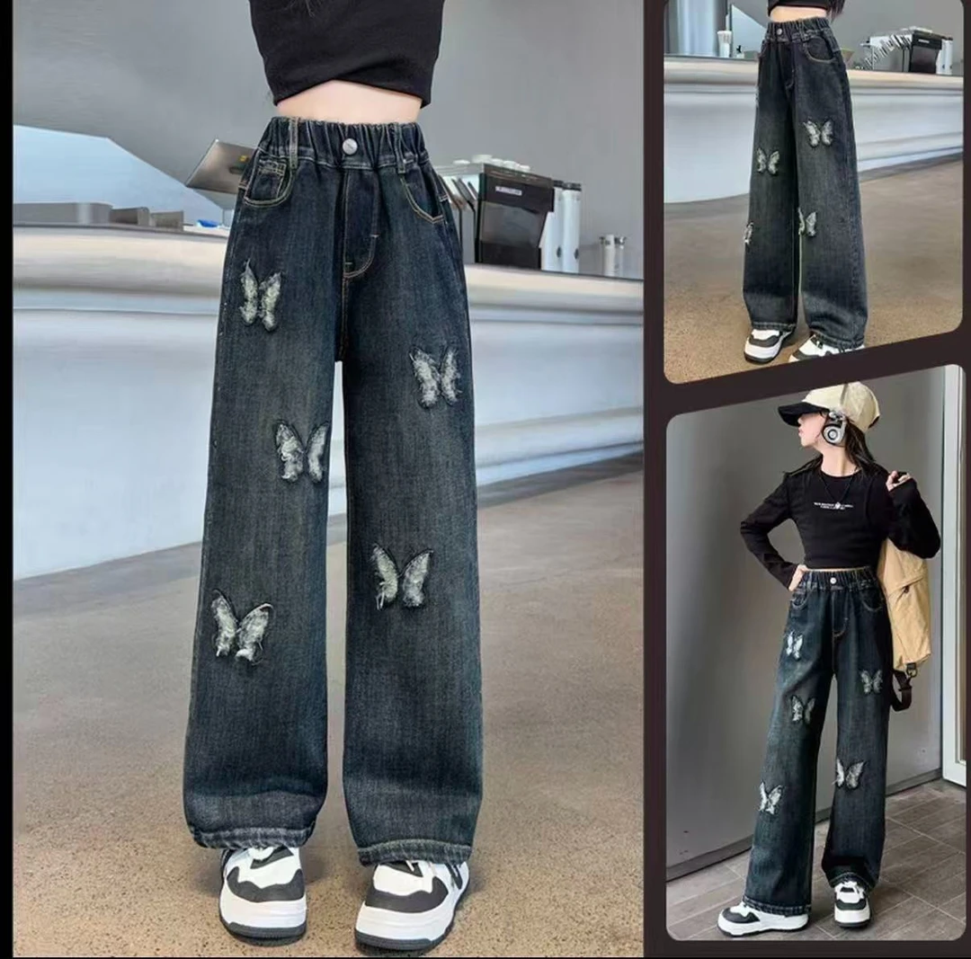 女童儿童牛仔裤春秋潮流2025新款中大童洋气休闲阔腿直筒牛仔裤
