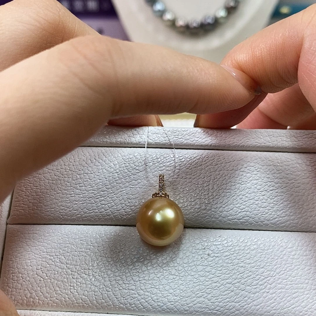 海水珍珠吊坠(不含链)18K金镶嵌12m南洋浓金珠吊坠（茶金品质）