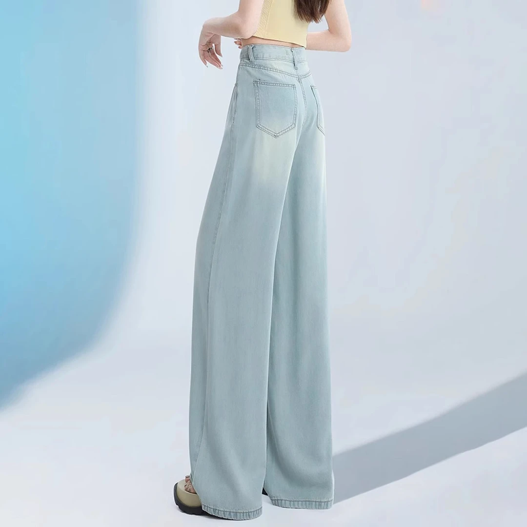复古高腰莱赛尔天丝牛仔裤女2025夏季新款垂感加长薄款直筒阔腿裤