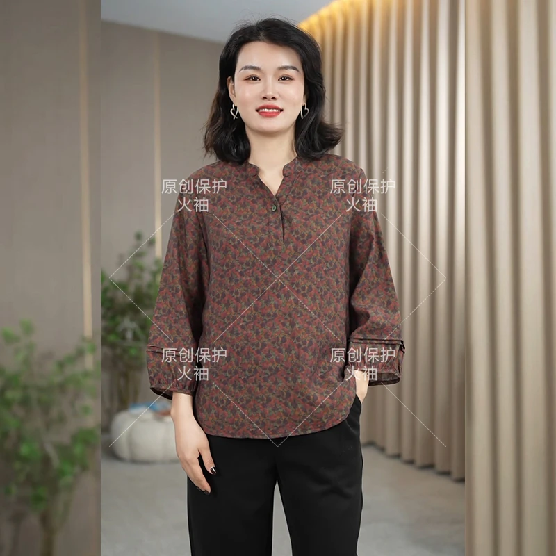 火袖F754时尚七分袖印花上衣女2025早春新款洋气套头大码小衫