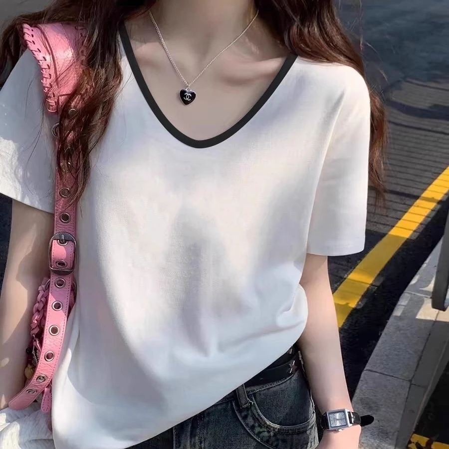 正肩纯棉短袖T恤女2025夏季新款爆款宽松小个子慵懒风V领微胖上衣