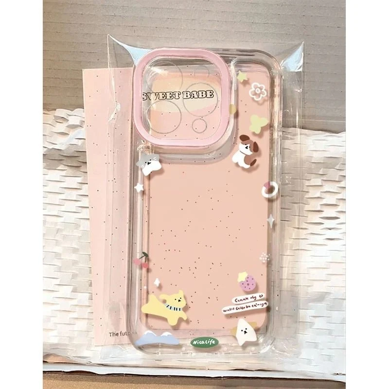 粉框花花小狗适用iPhone16手机壳iPhone1514卡通13透明12创意
