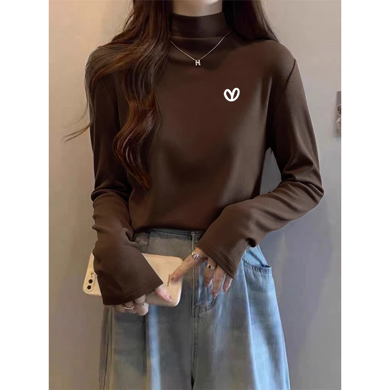 2025新款正肩半高领德绒长袖t恤女加厚款时尚休闲百搭上衣秋冬季