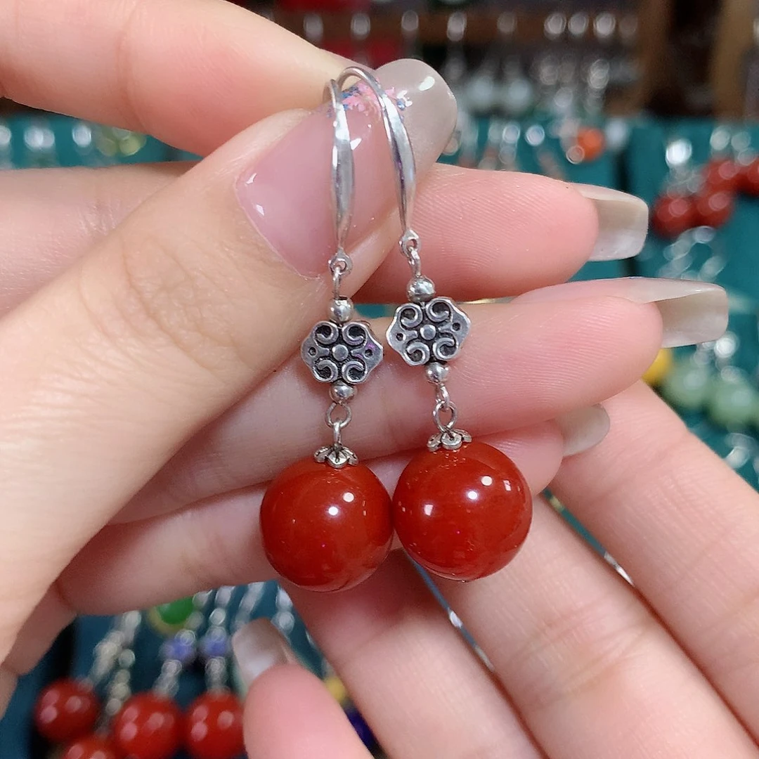 玛瑙/玉髓耳饰银S925镶嵌天然红玛瑙12mm左右（锦红）