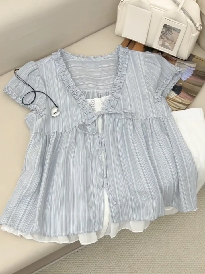小清新假两件蓝色条纹系带短袖衬衫女夏季新款减龄宽松娃娃衫上衣