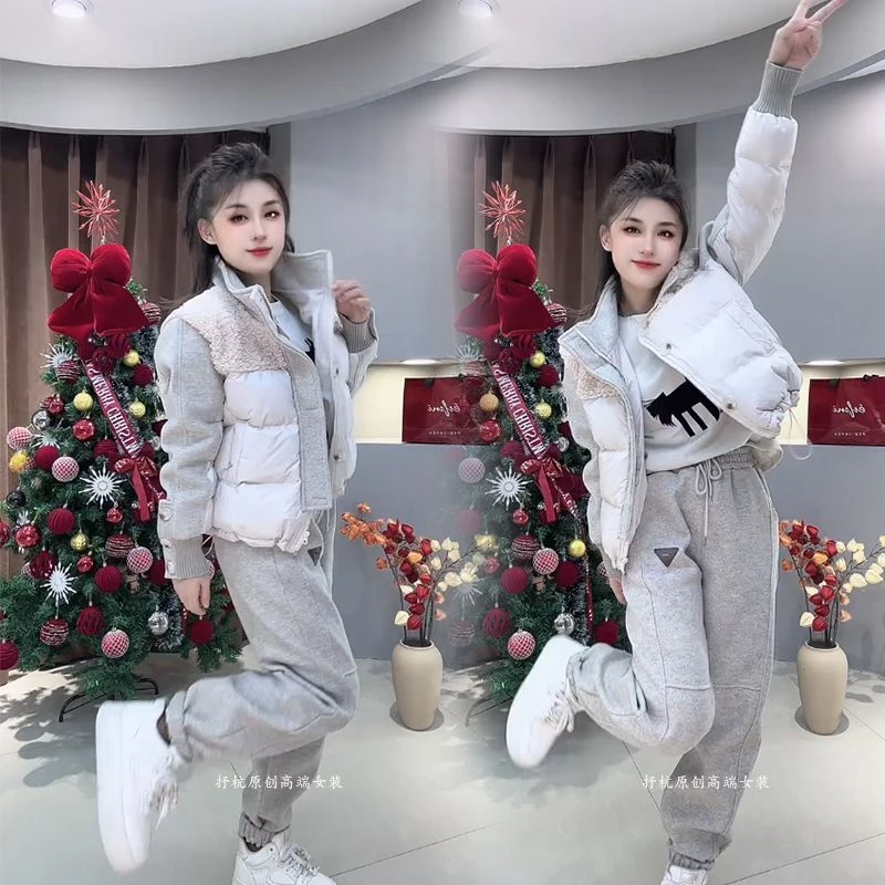 冬季新款韩版洋气减龄时尚套装女加厚棉衣外套加绒休闲裤两件套潮